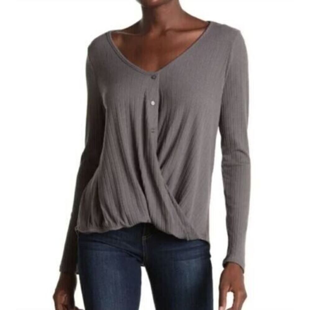 White Willow Long Sleeve Textured Button Front Drape Top In Dark Grey Medium $78